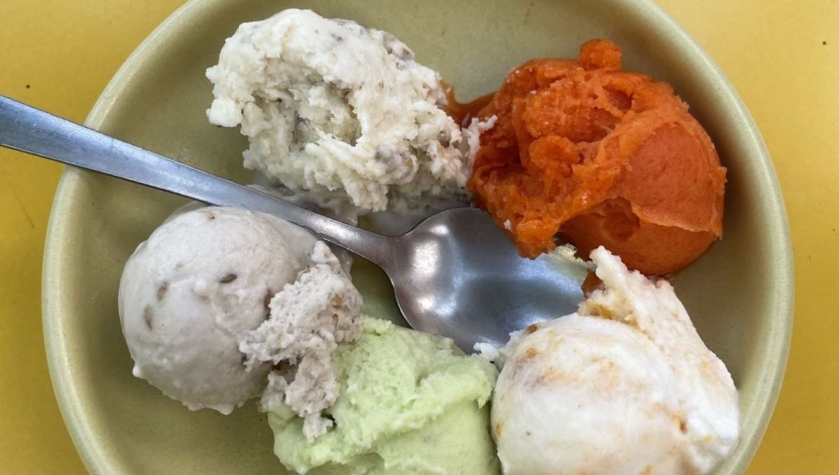 Cinq boules de glace aux couleurs variées sont présentées dans un petit bol beige clair, avec une cuillère en métal posée dessus.