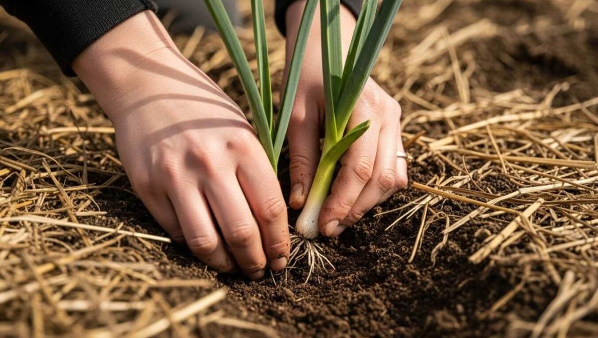 Mains qui plantent des pousses de poireaux