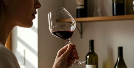 Femme qui goûte du vin rouge dans un verre à dégustation