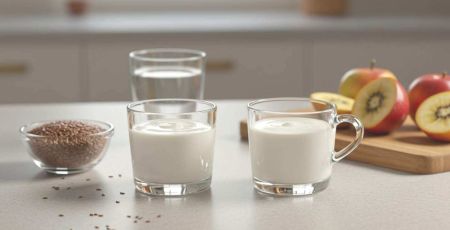 Deux yaourts sur une table de cuisine