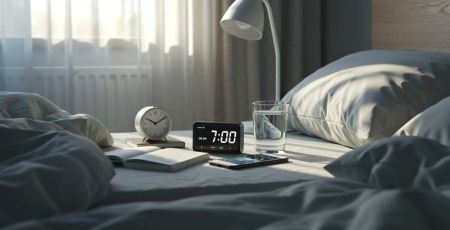 Lit défait avec réveil dans l'a lumière du matin