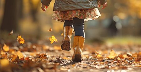 Automne : petite fille qui marche dans les feuilles