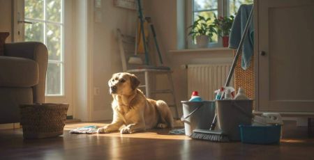 Chien couché sur le sol à côté de produits ménagers