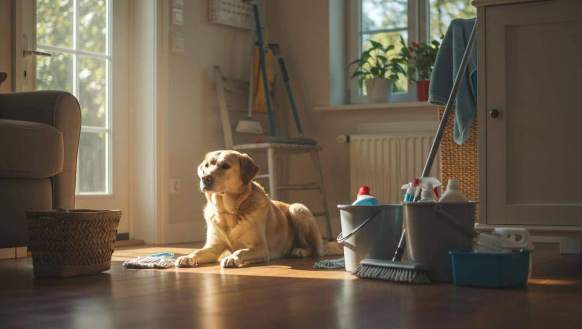 Chien couché sur le sol à côté de produits ménagers