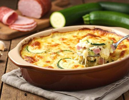 Gratind e courgettes crémeux au jambon avec une cuillère qui en prend une part alors que le fromage file.