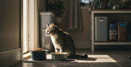 Chat devant sa gamelle de croquettes