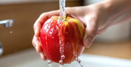 Pomme lavée sous le robinet