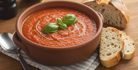 Soupe tomate basilic avec tranches de pain