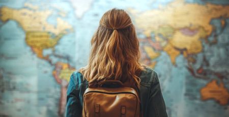 Femme avec sac à dos devant une carte du monde
