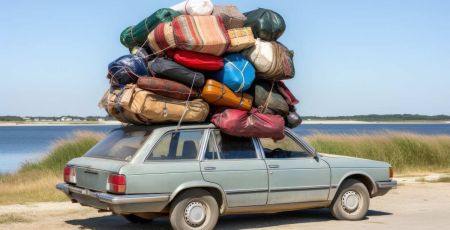 Voiture surchargée avec une vingtaine de sacs sur son toit