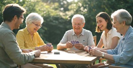 Seniors souriants jouant aux cartes avec des adulte splus jeunes