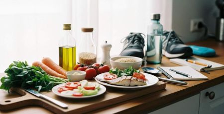 Tablea gardine avec des aliments sains : légumes, saumon, huile d'olive, herbes fraîches